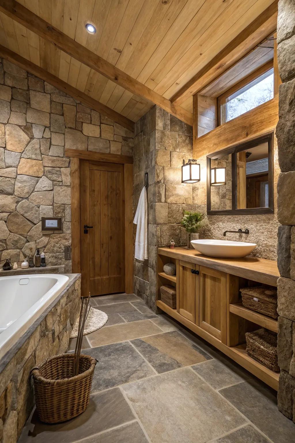 Natural stone tiles enhance the countryside feel of this bathroom.