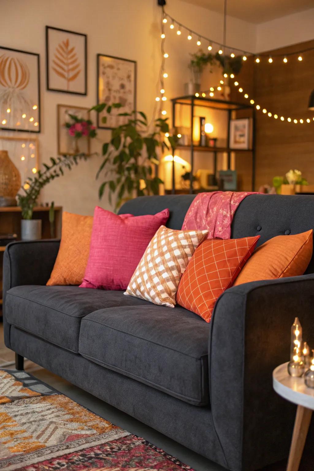 Rose and tangerine cushions offer a playful pop of color on a dark grey sofa.