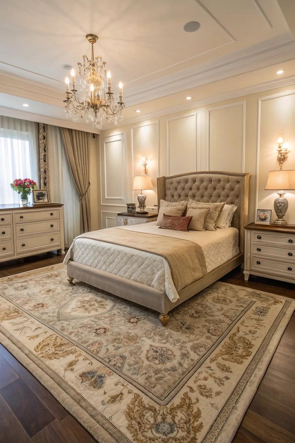The 8x11 floor covering endows an elegant and cohesive base for an opulent sleeping chamber.