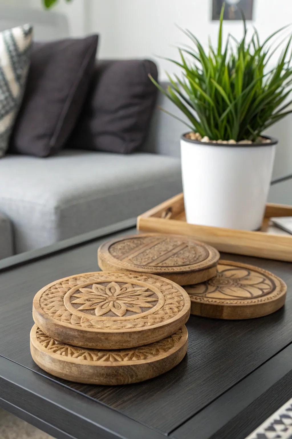 Artisanal wood coasters enhance the aesthetic with rustic grace.
