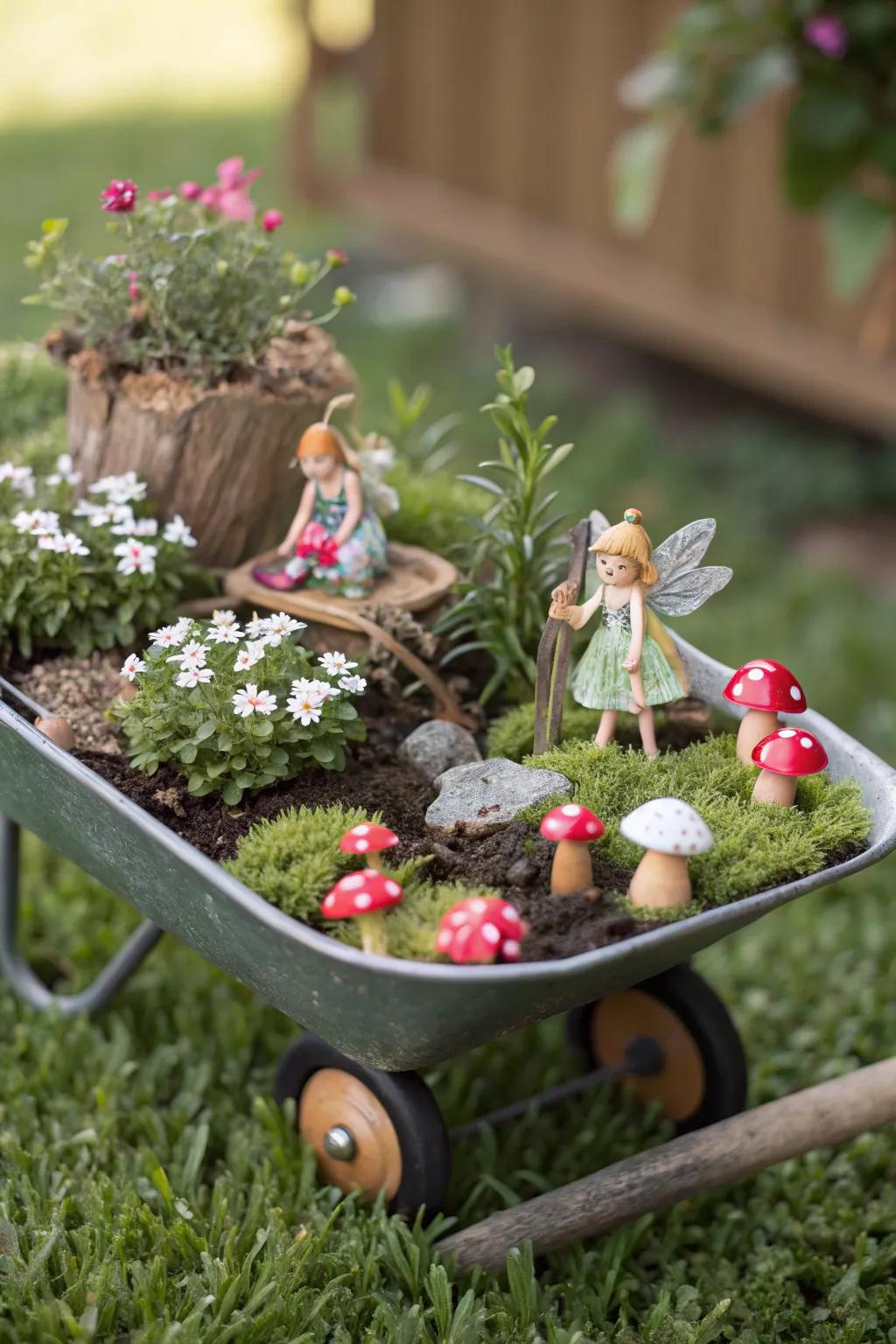 A captivating fairy kingdom nestled within a wheelbarrow.