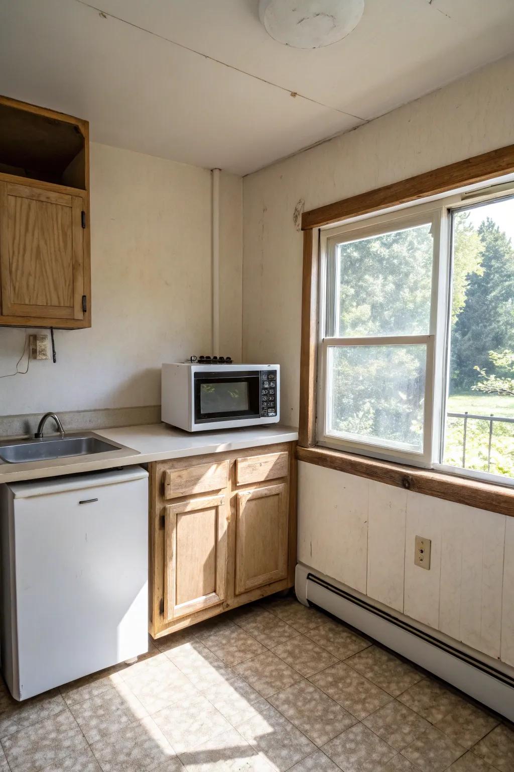 A microwave ingeniously located in a kitchen corner.
