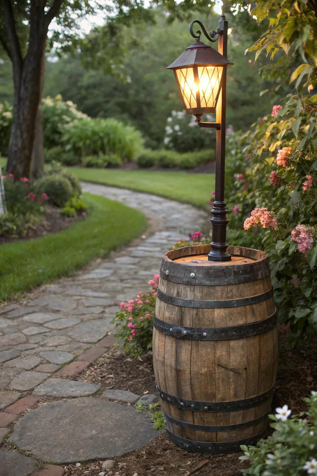 A rough-hewn salvaged liquor cask illumination pillar brightening a garden pathway.
