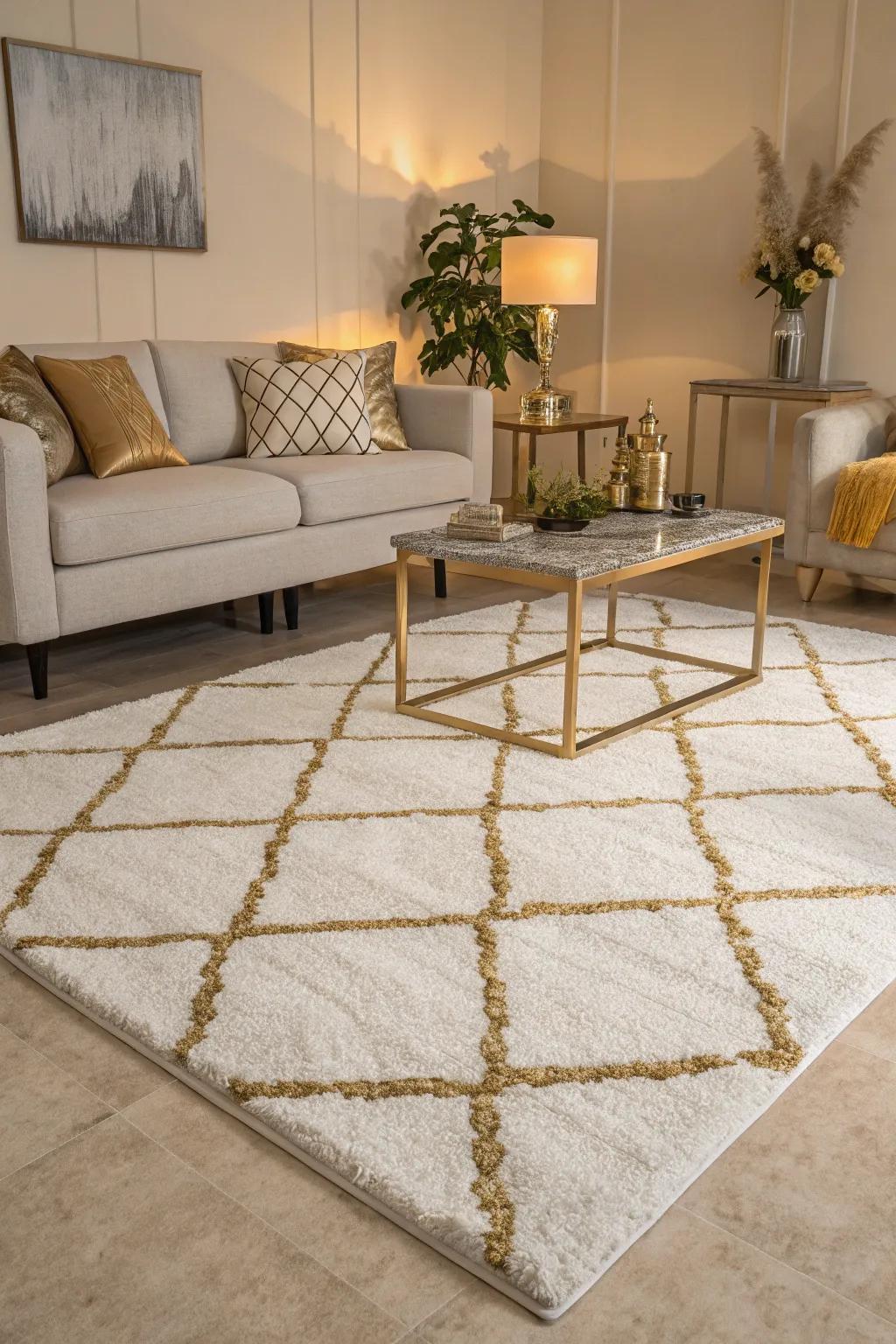 Textured rugs in gold and white bring warmth and define the living area.