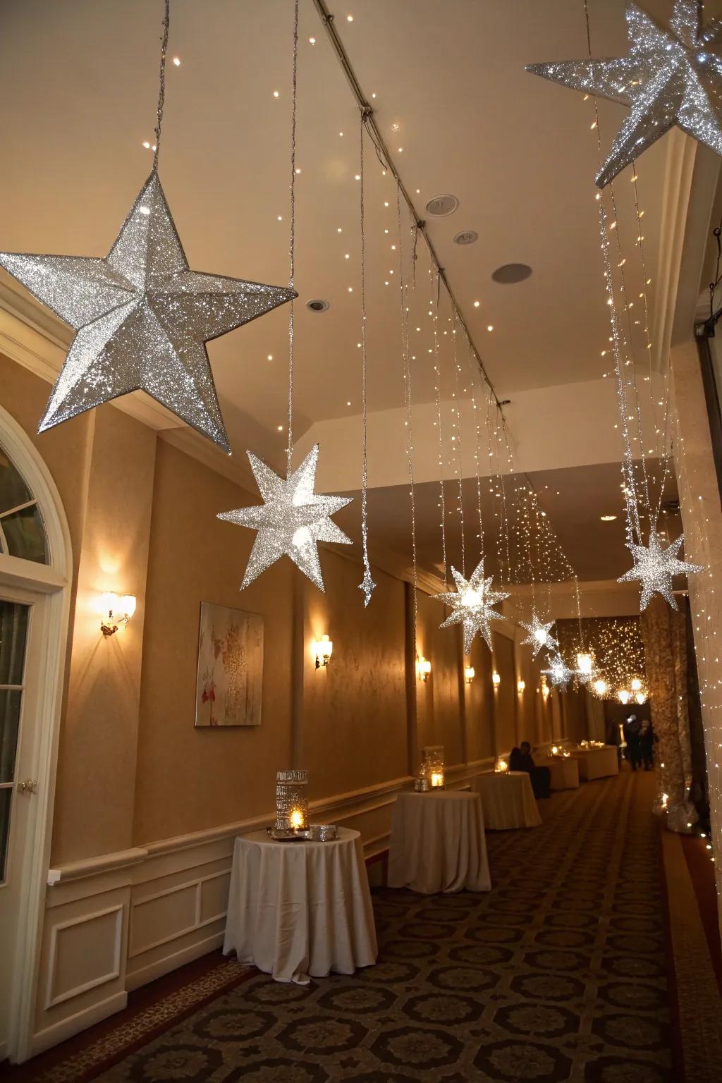 Establish a captivating environment through the employment of silver star ceiling decorations.