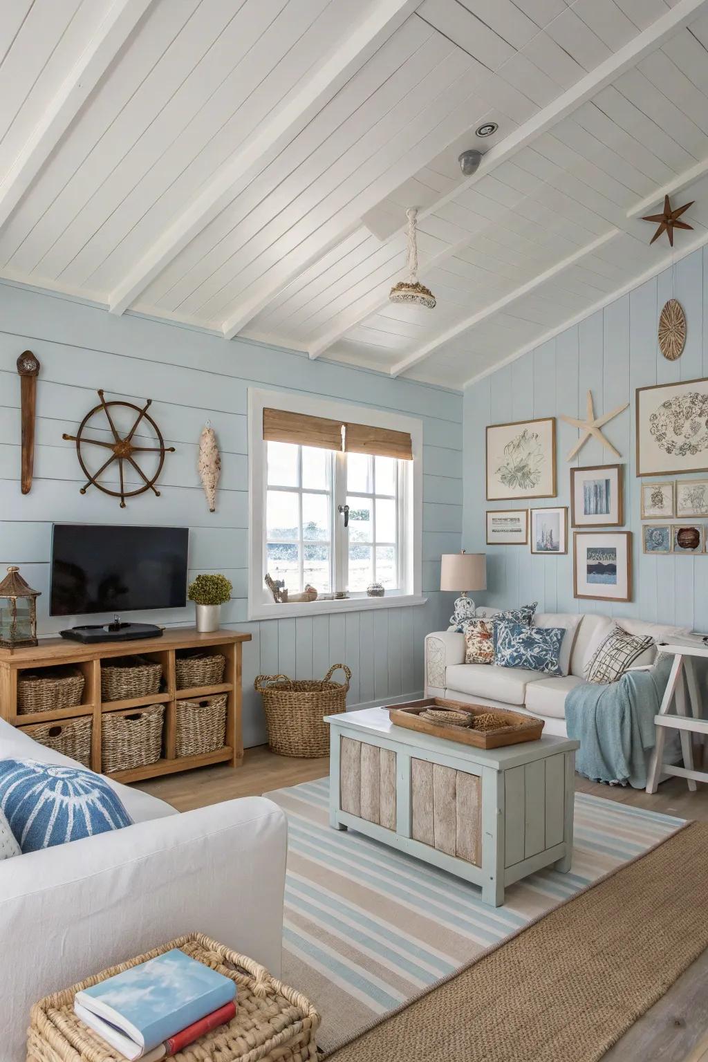 A coastal living room showcasing a white ceiling, perfect for establishing a relaxed and breezy ambiance.