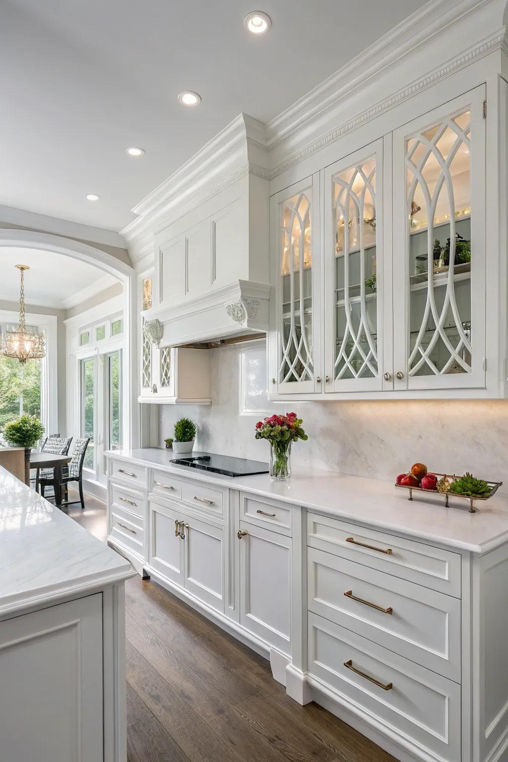 Architectural details offer dimension and character to this elegant white kitchen.