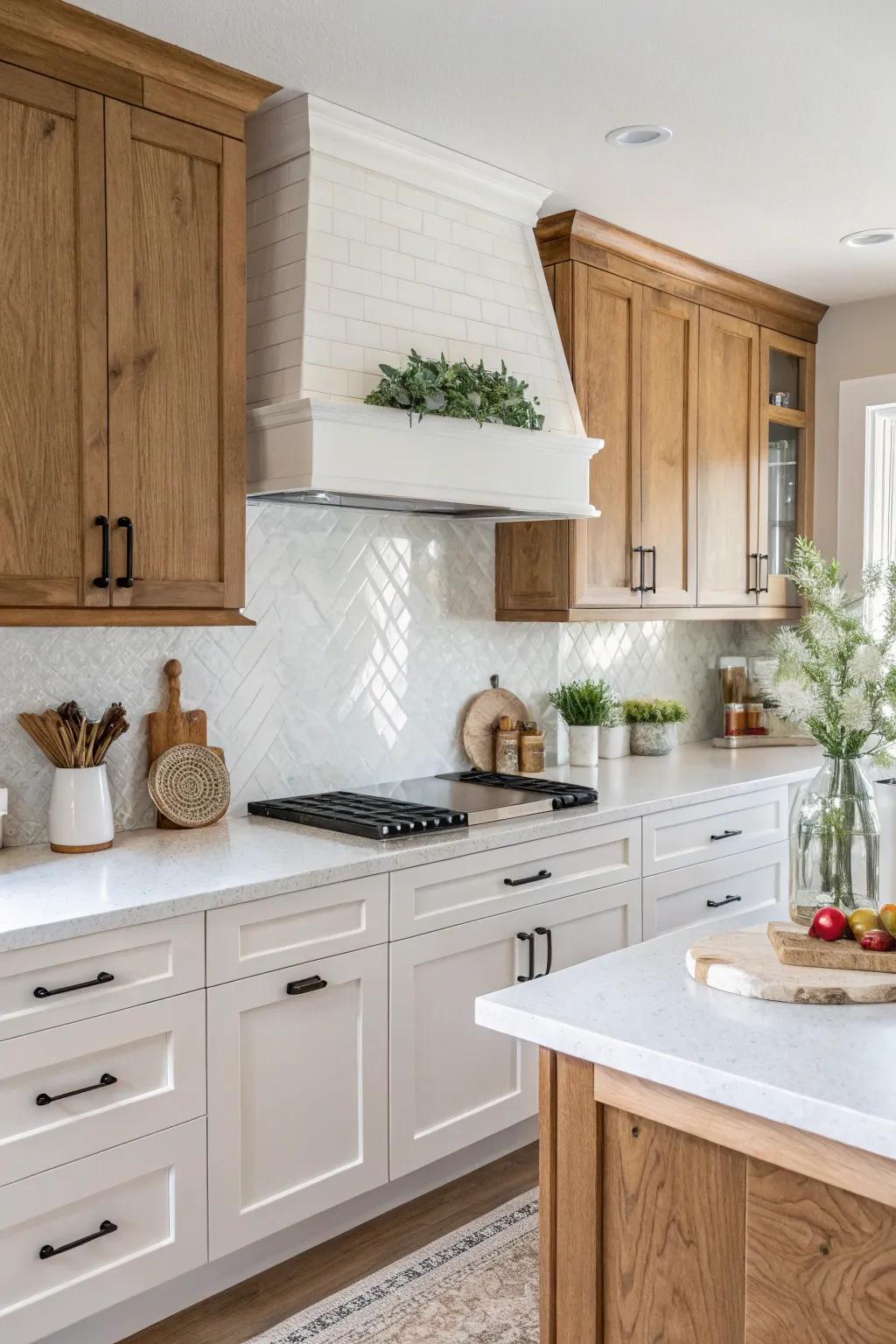 White quartz backsplash harmonized with natural wood for an affectionate kitchen design.
