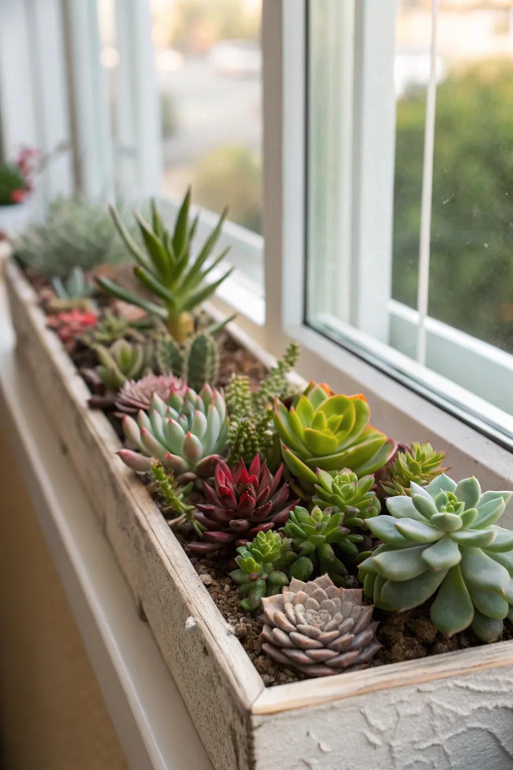 A peaceful display of succulents gracing a window box