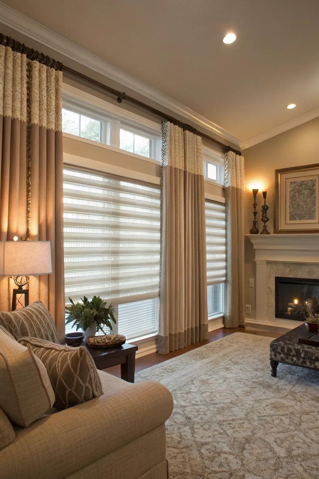 Layering blinds with drapes delivers both flair and light balance.