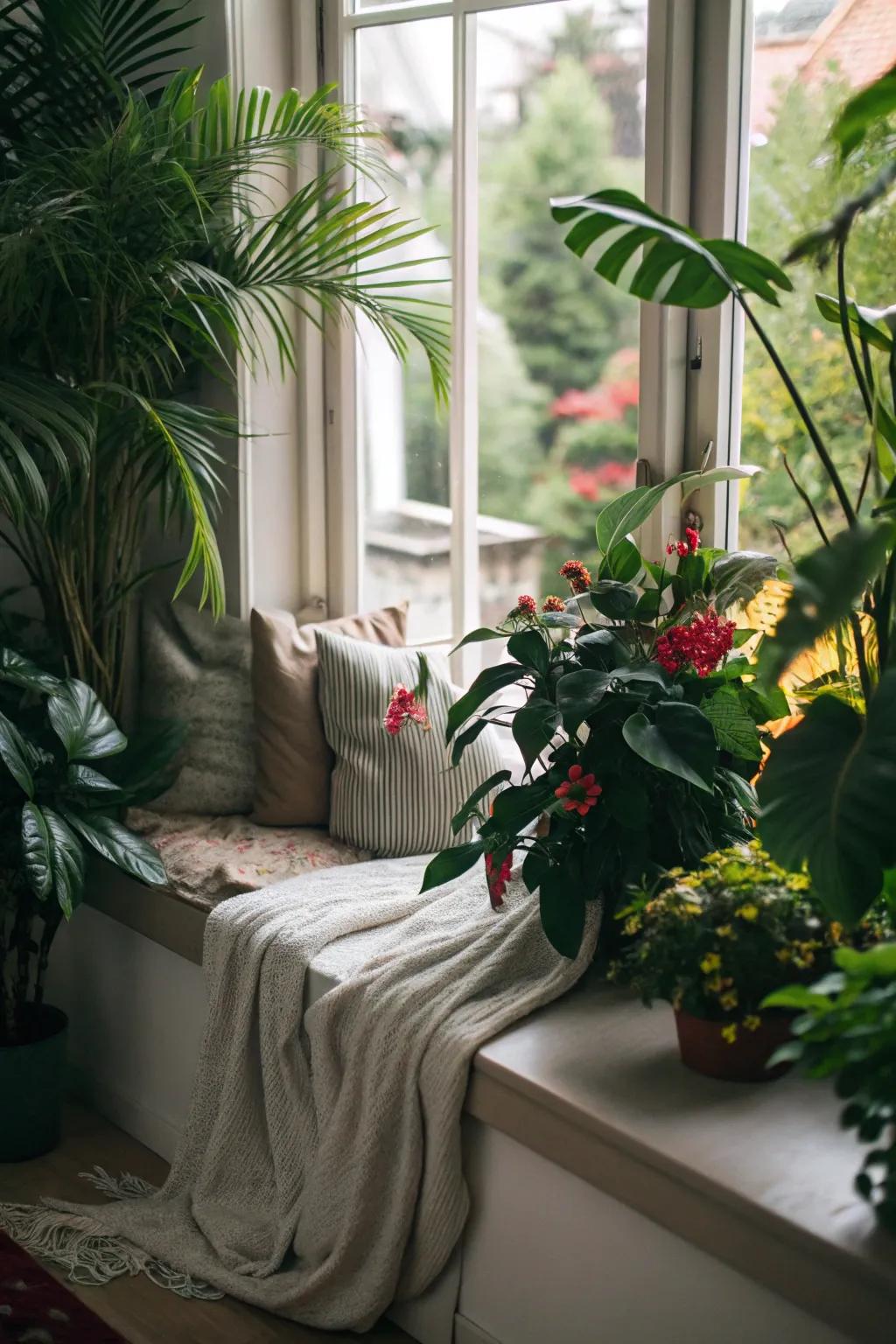 A window seat enlivened with greenery, producing a calming, fresh setting.