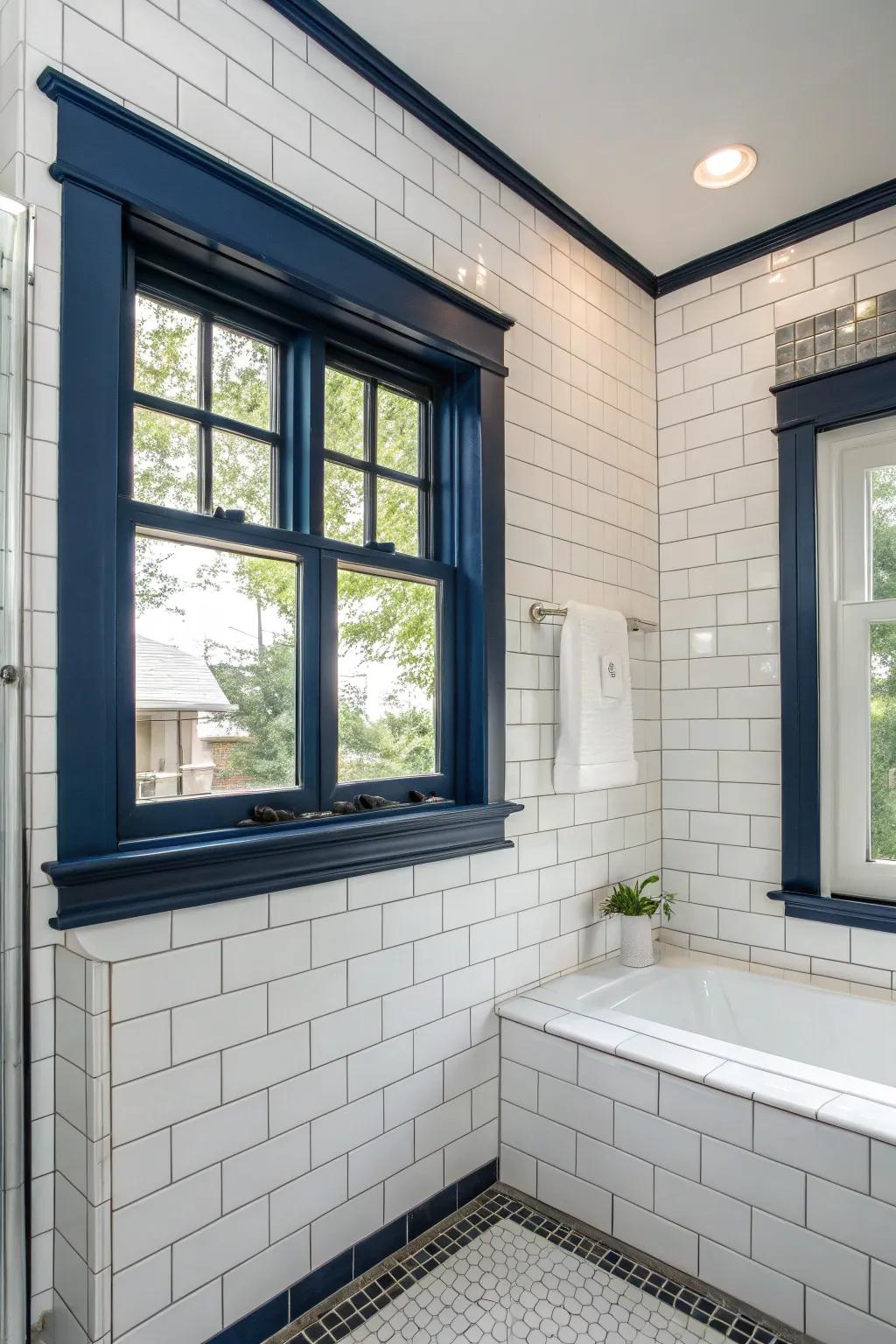 Nautical blue trim imparts a maritime sensation to a lavatory.