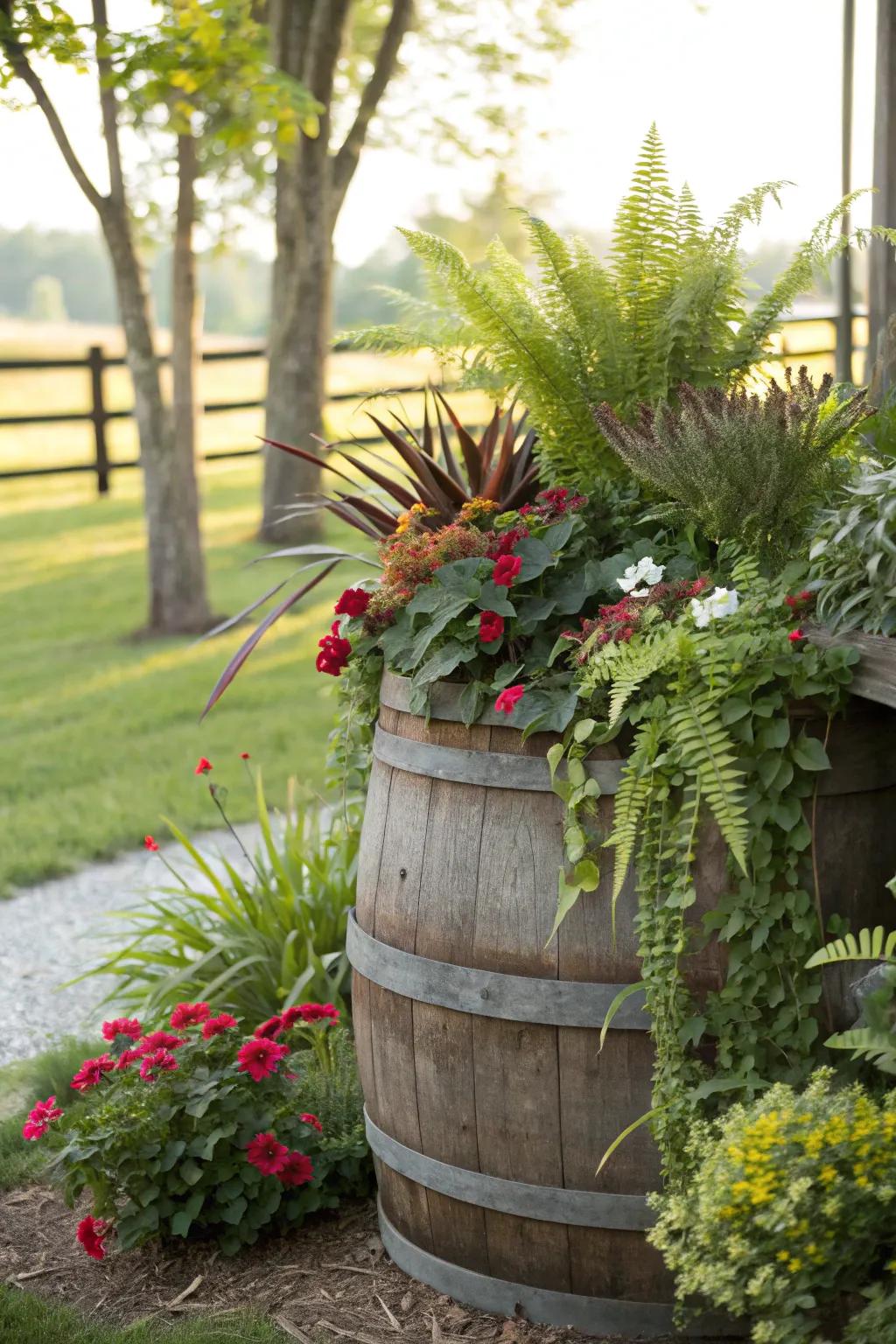Stratified plants create depth within a wine barrel planter.