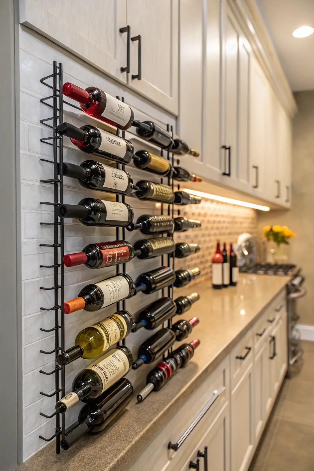 Wall-mounted racks transform wine storage into a captivating display of art.