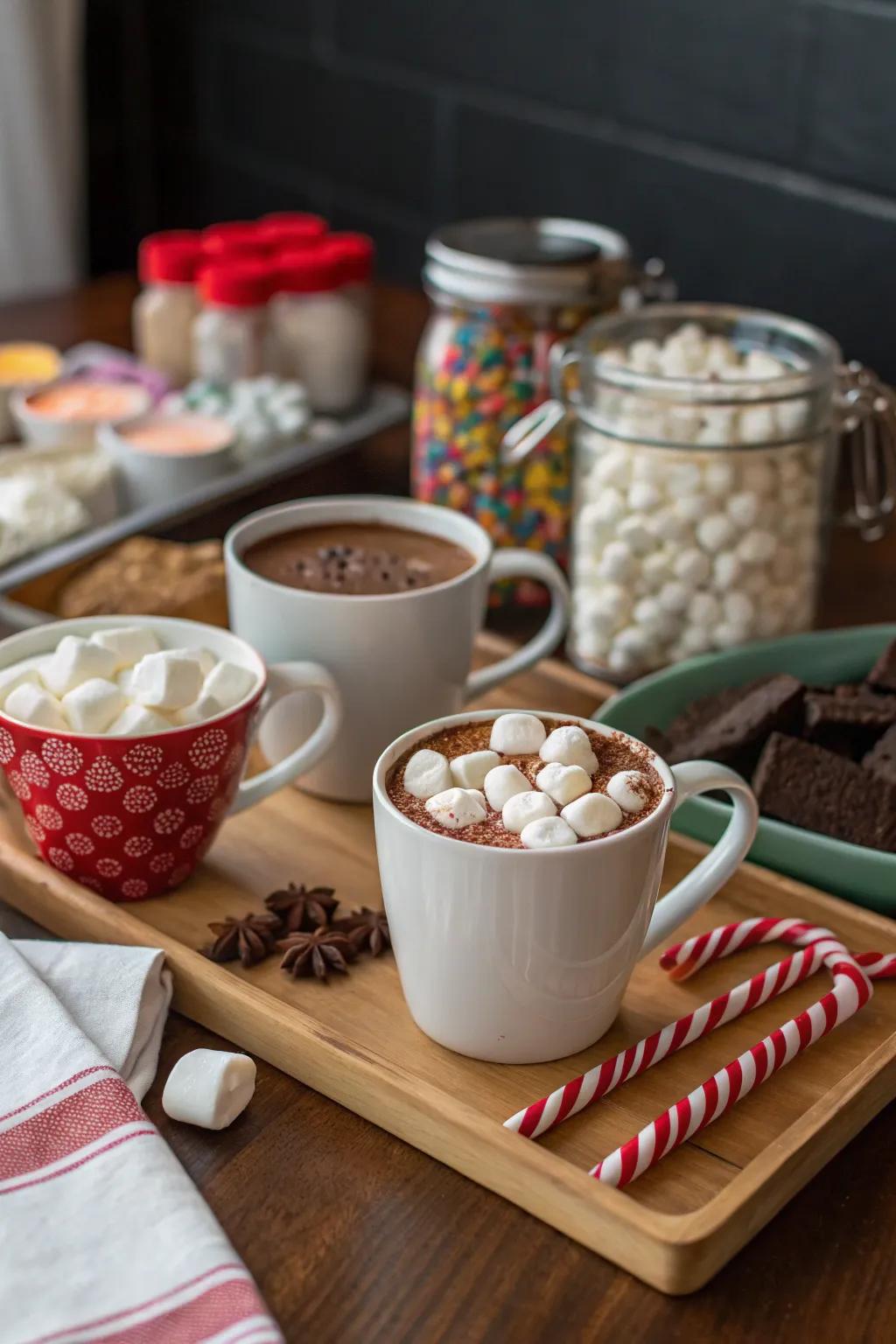 An inviting warm chocolate station ideal for a winter baby shower.