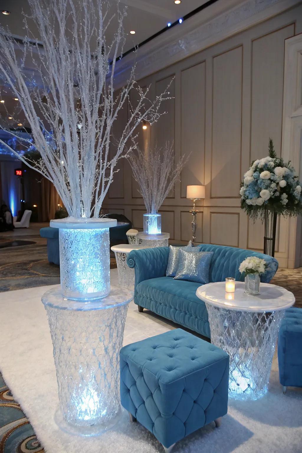 A chic frosty blue fantasy theme with ice-like decor accents.