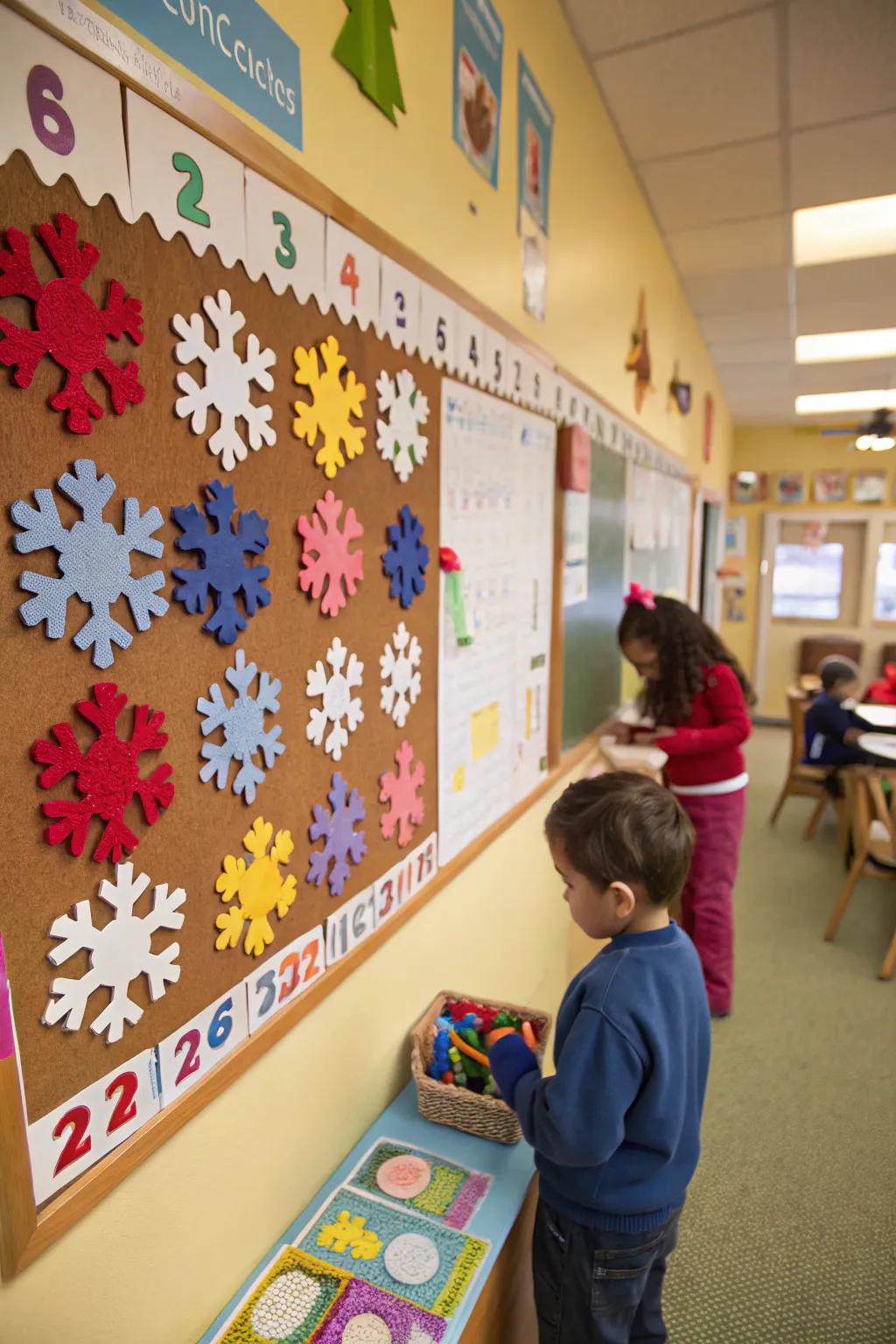 Interactive snowflakes beckon playful tallying on the bulletin board.