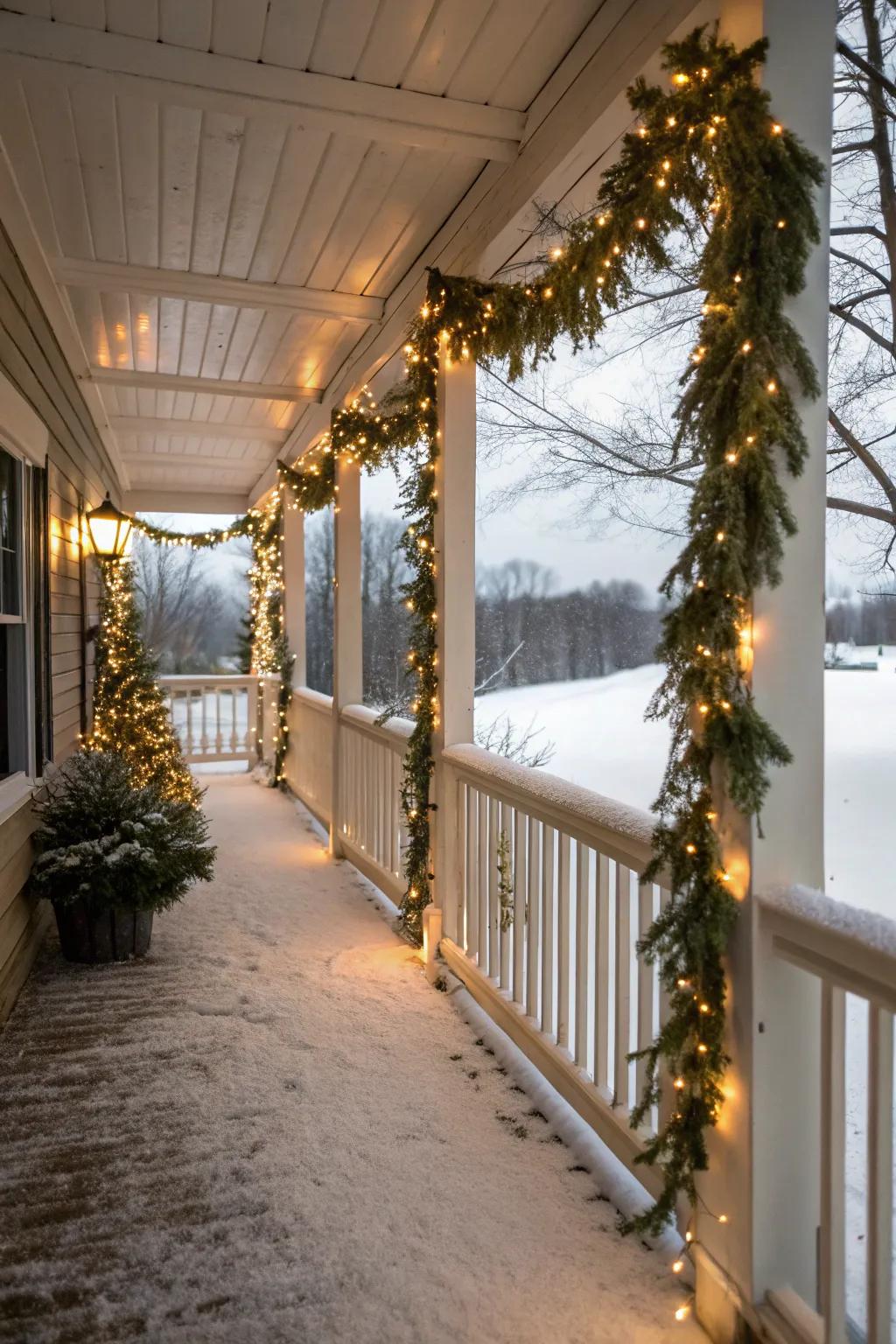 Twinkling filament lights interwoven through decorative ropes on a winter porch.