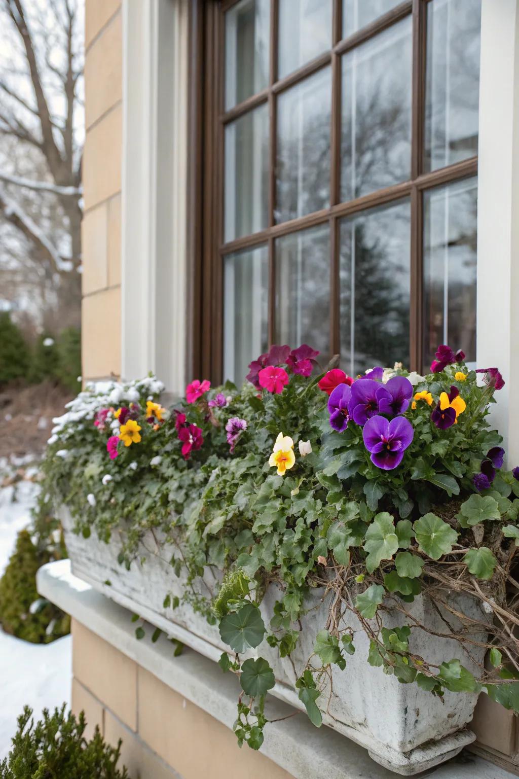 Vivid pansies and cyclamen infuse dynamic splashes of color against the backdrop of winter foliage.