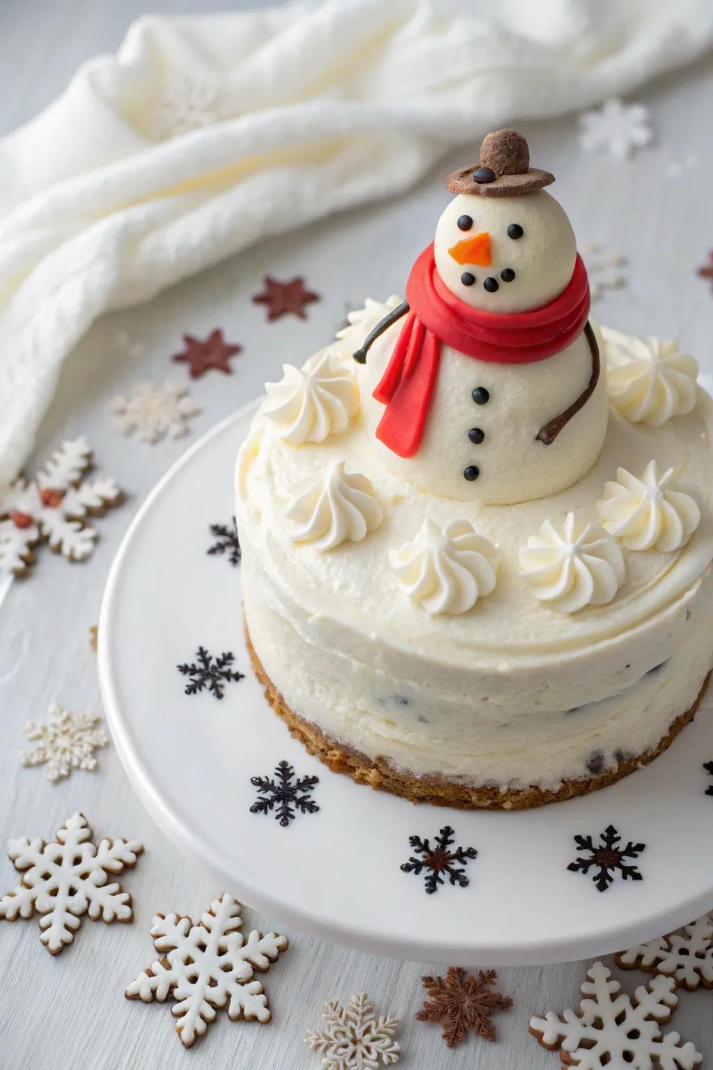A playful snow person cake accent injects charm into this winter cake.