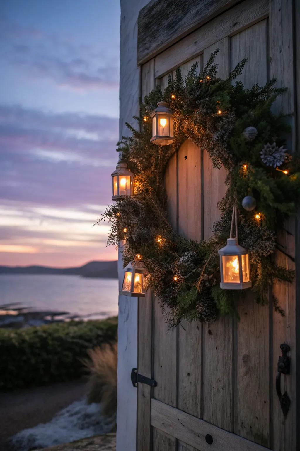 Lanterns illuminate this wreath, engendering an ethereal winter radiance.