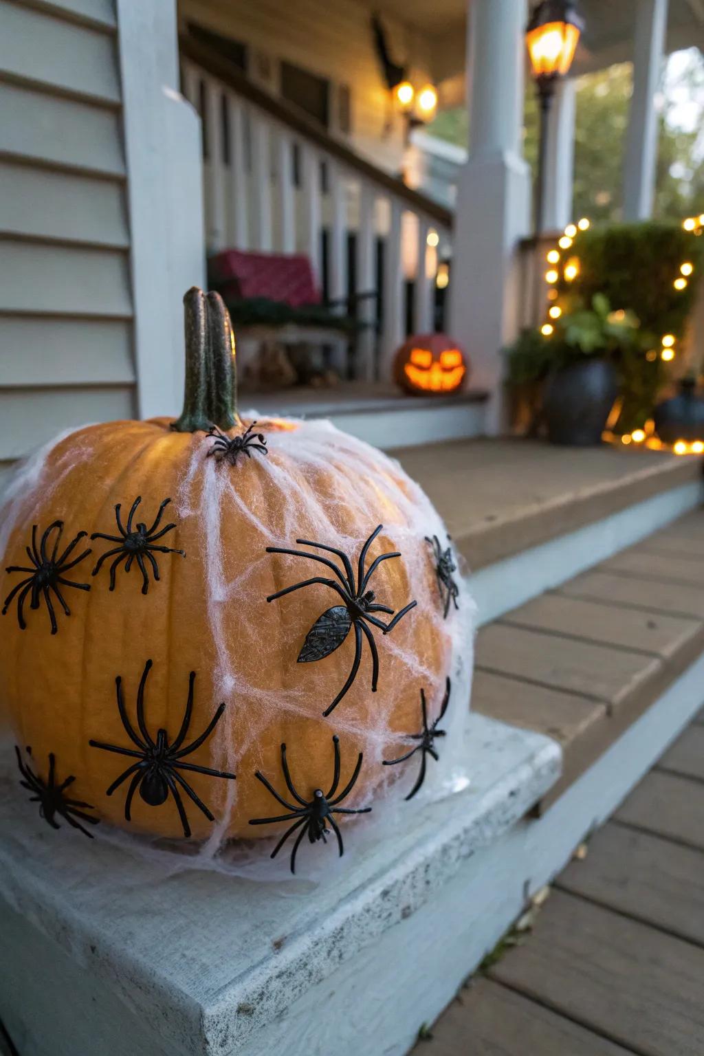 Gourd enveloped in eerie arachnid webs.