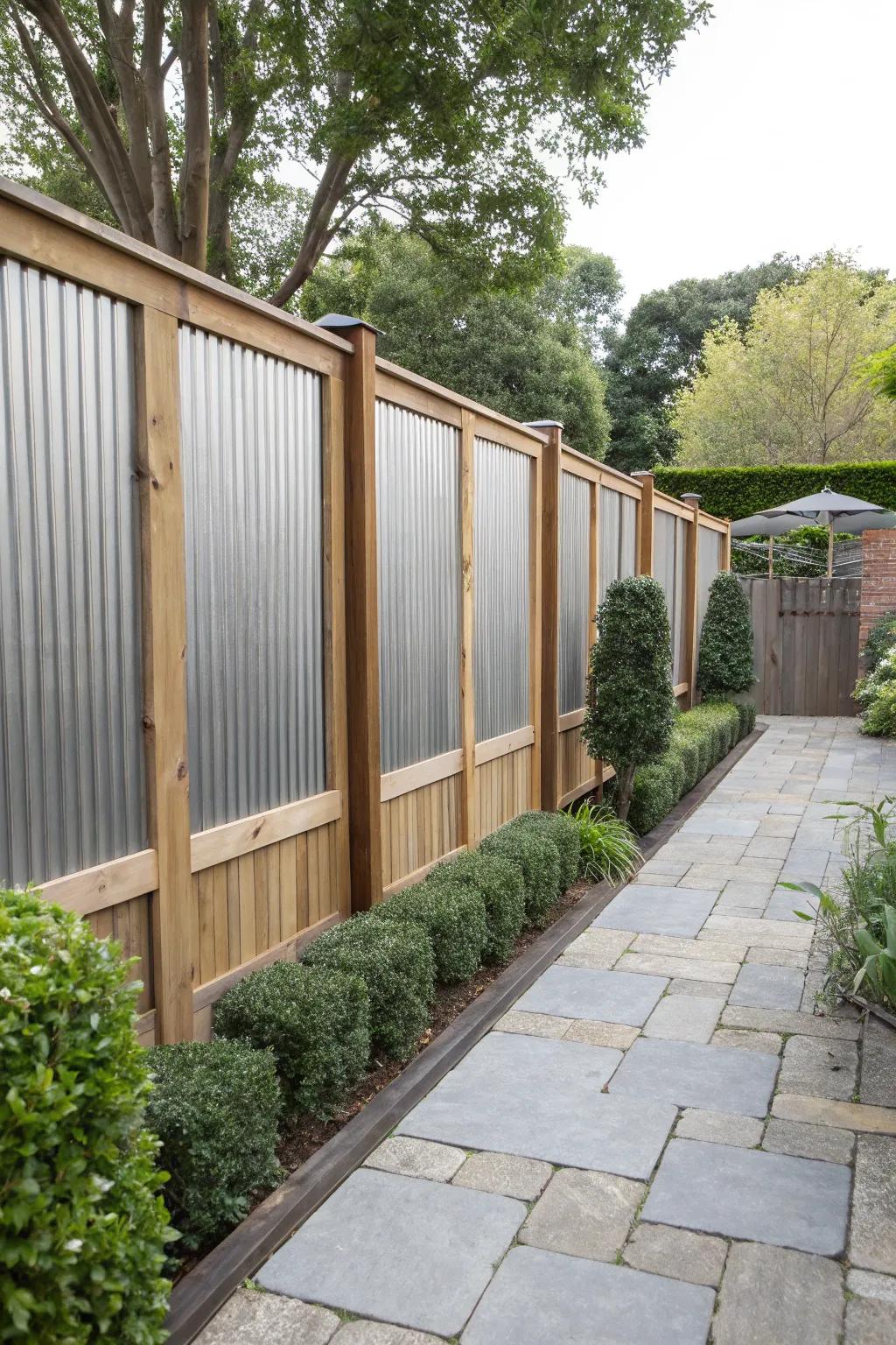 A rustic-modern fence featuring wavy metal and timber perimeters.