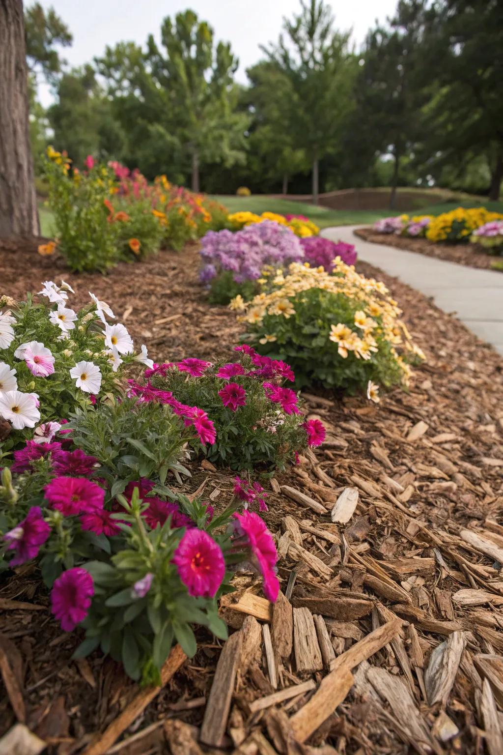 Timber shavings introduce texture and aesthetic fascination to blossom beds.
