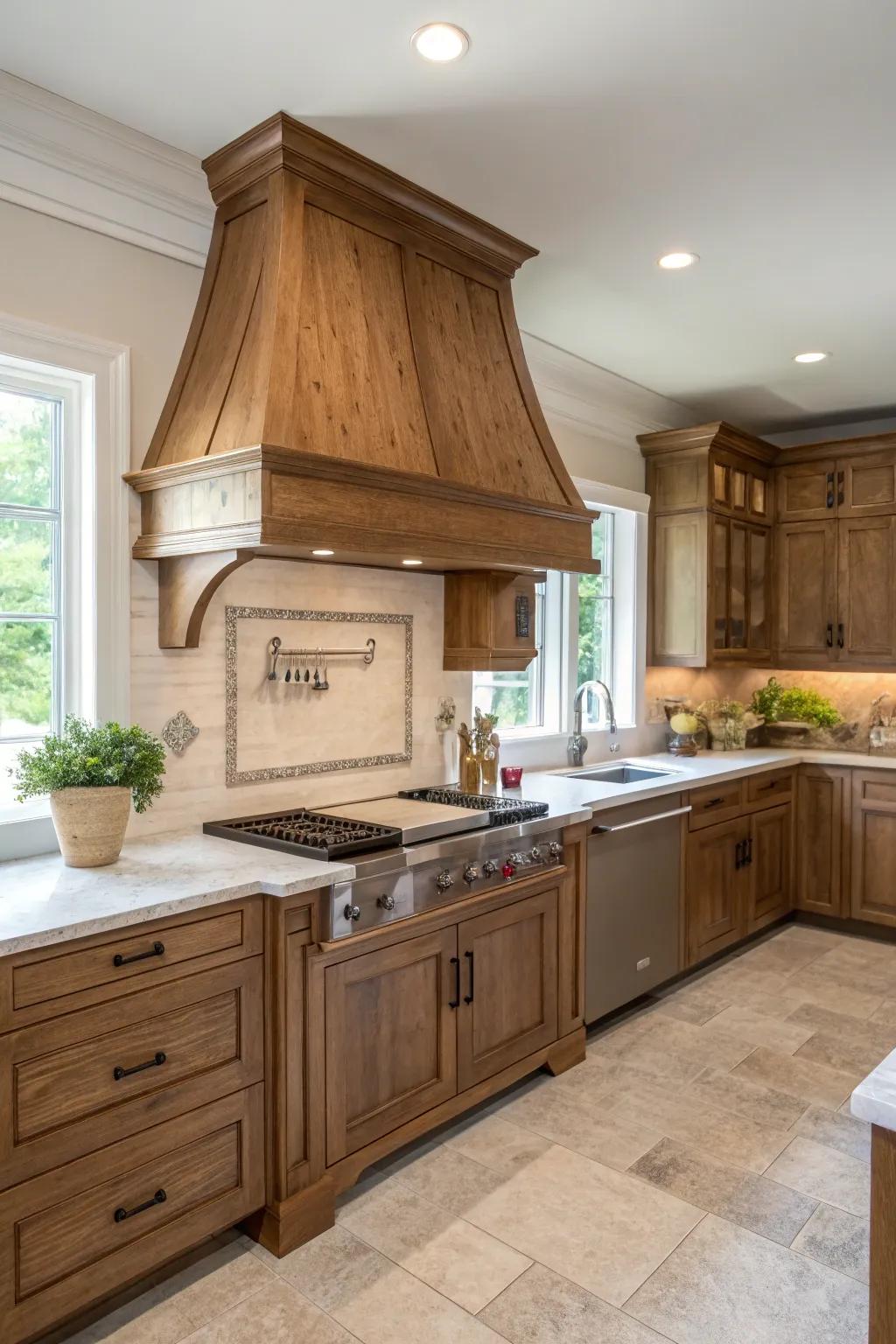 Integrate timber ventilation hoods with cabinetry to create unified design.