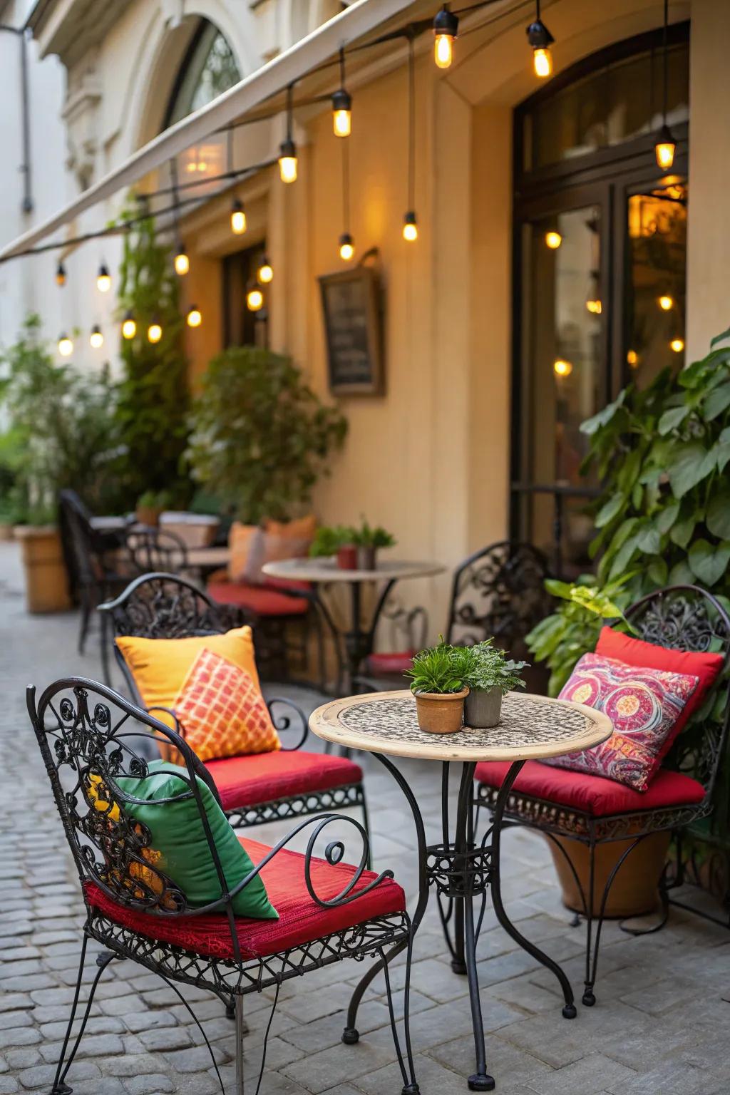 Illuminate your patio with a striking café set featuring vibrant cushions.