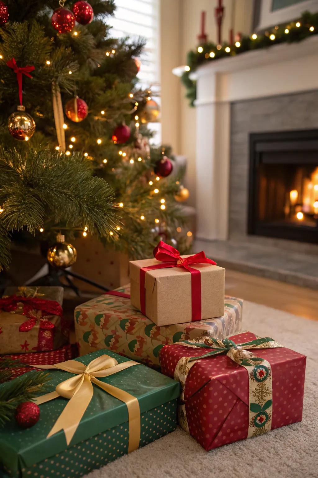 Ornamental gifted packages introducing a festive element beneath the tree.