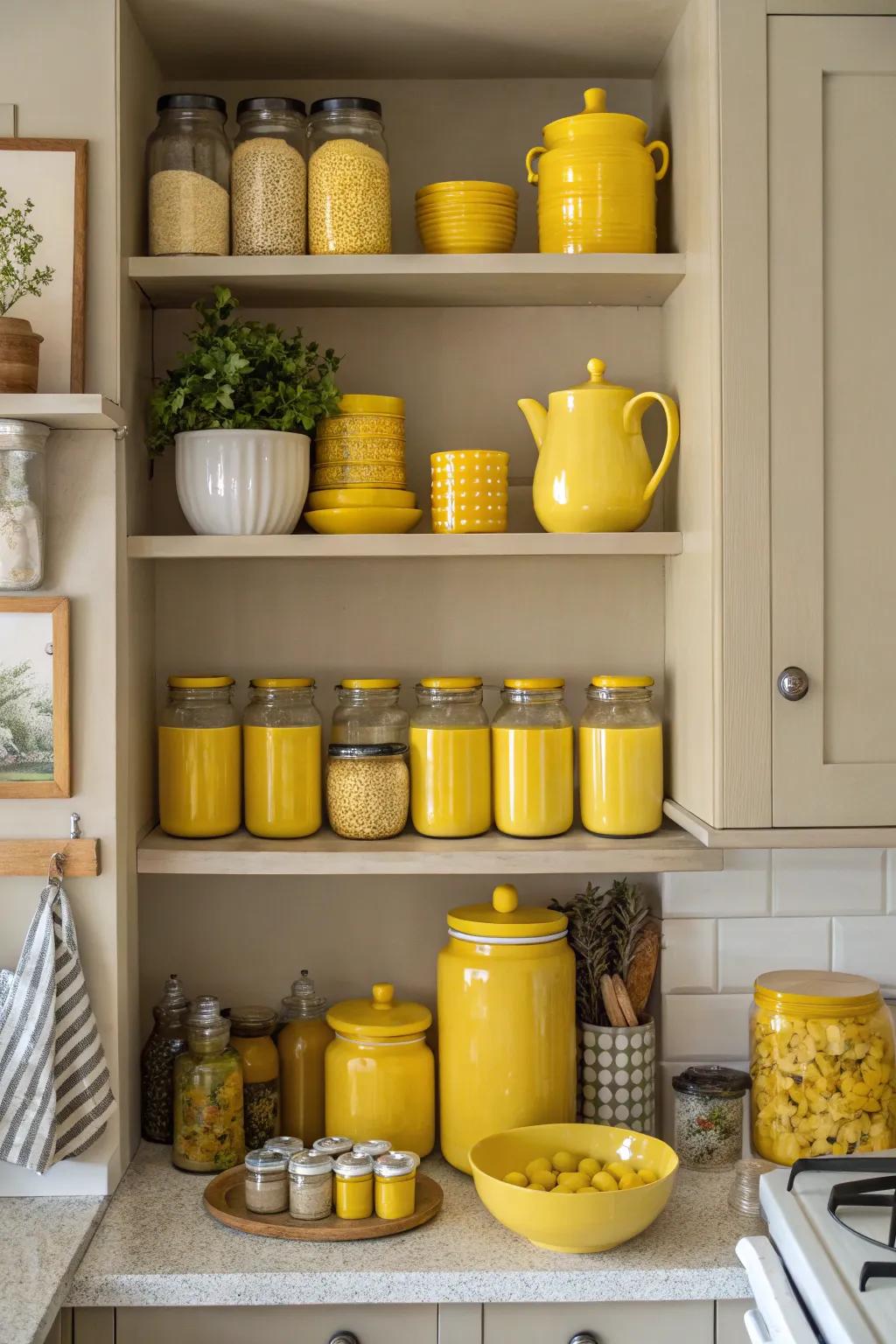 Golden accents on open shelves establish captivating areas of interest.