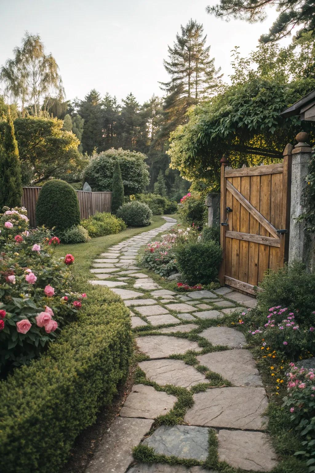 A charming stone walkway leading through a beautifully landscaped garden.
