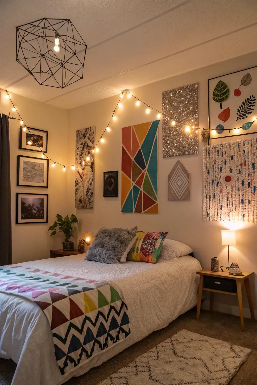 Inventive mural artistry synchronized with LED accents, manifesting a personalized emblem.