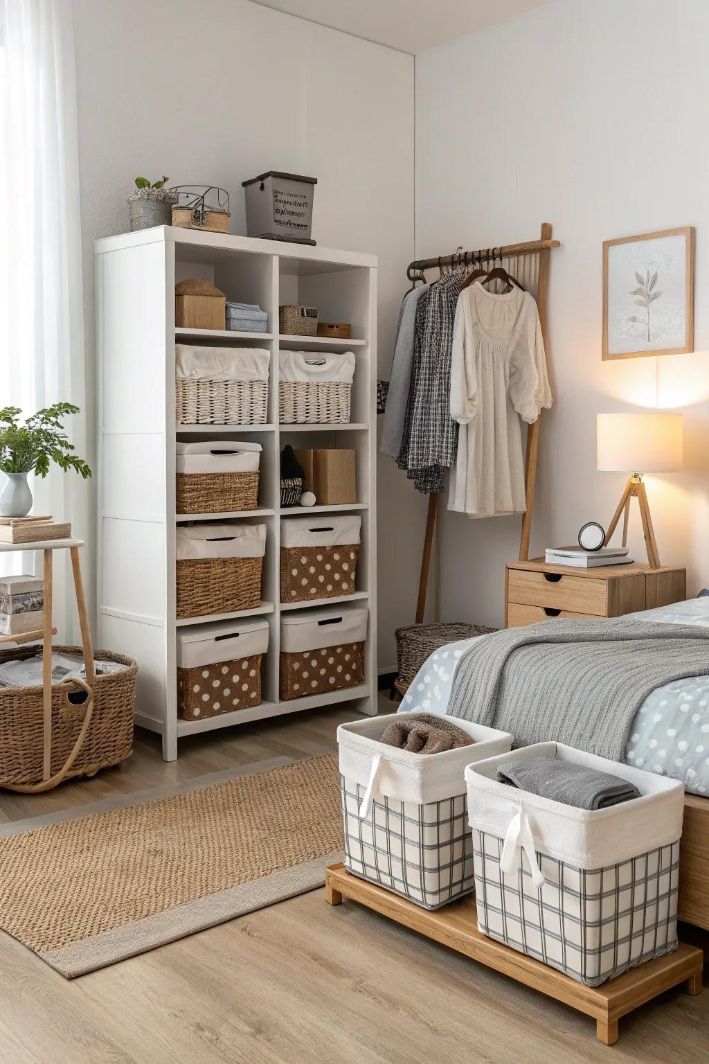 Imaginative storage alternatives maintain the room's tidiness and style.