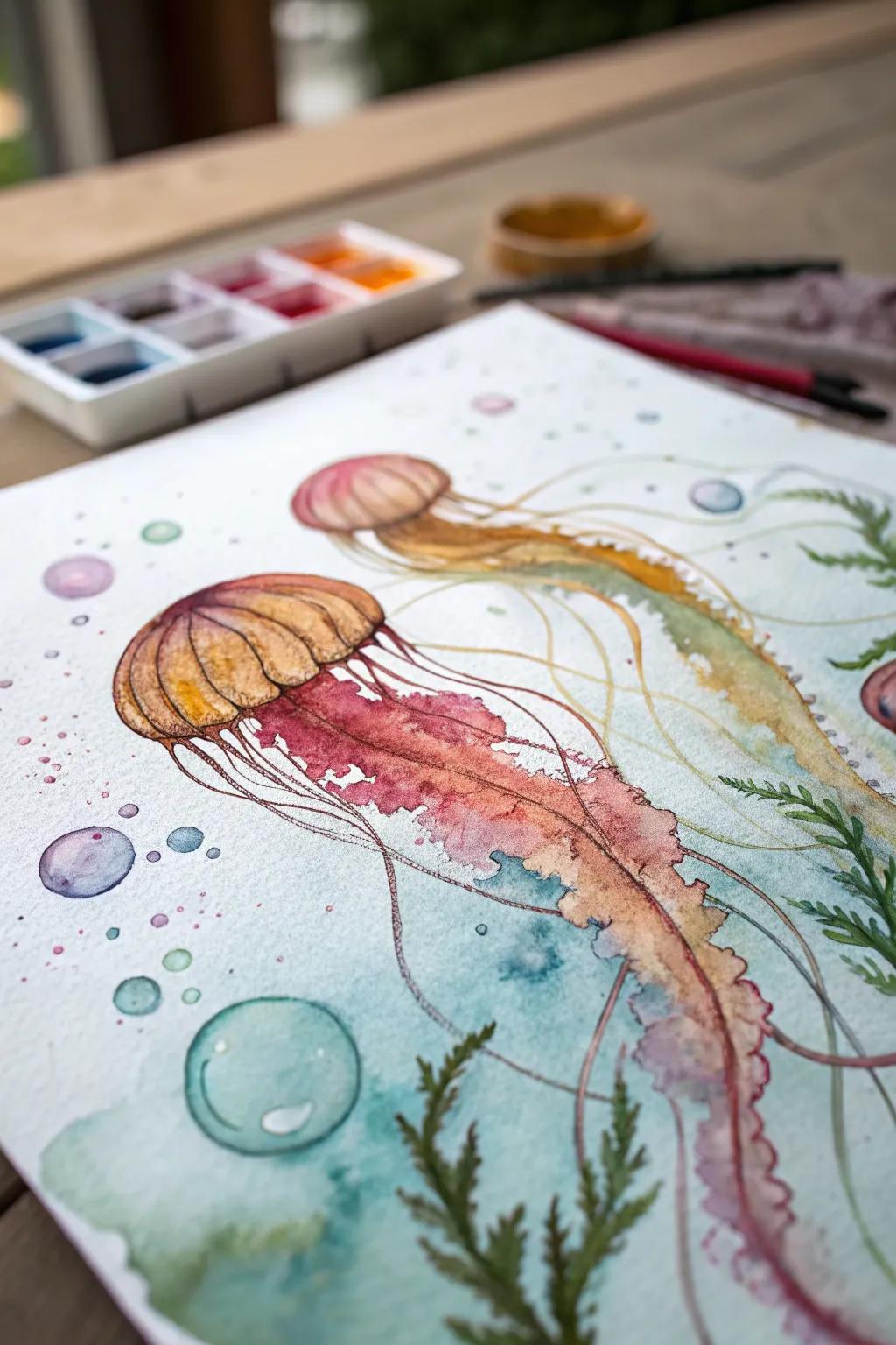 An abstract watercolor with organic shapes and blobs.