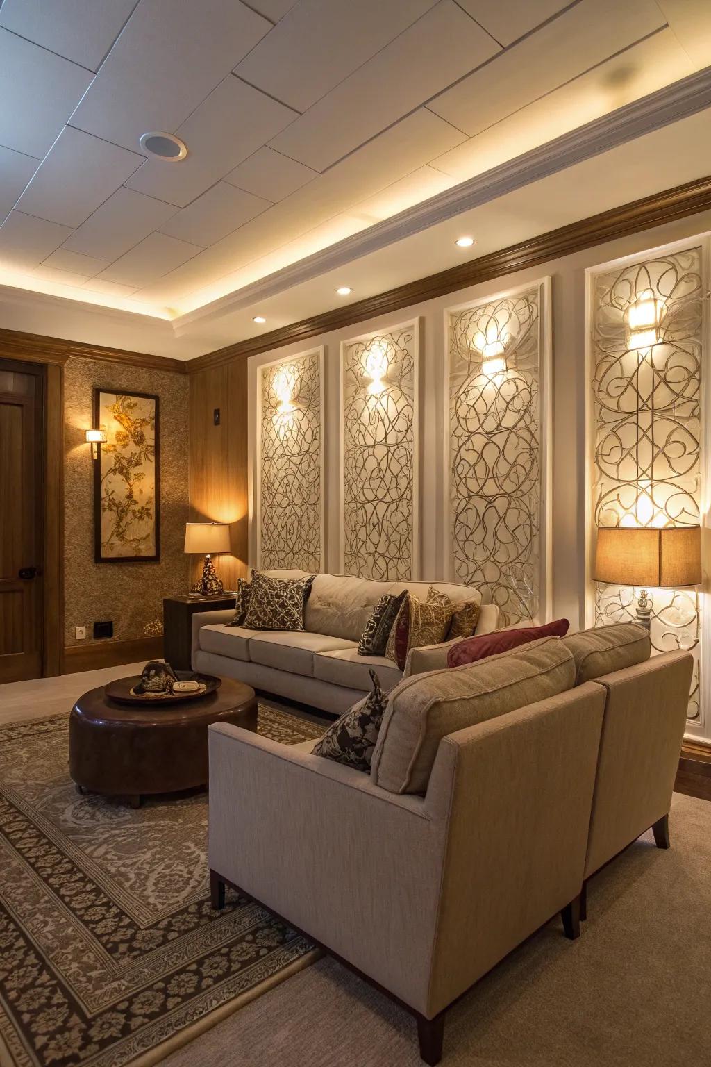 A sitting room featuring wall boards and integrated illumination.