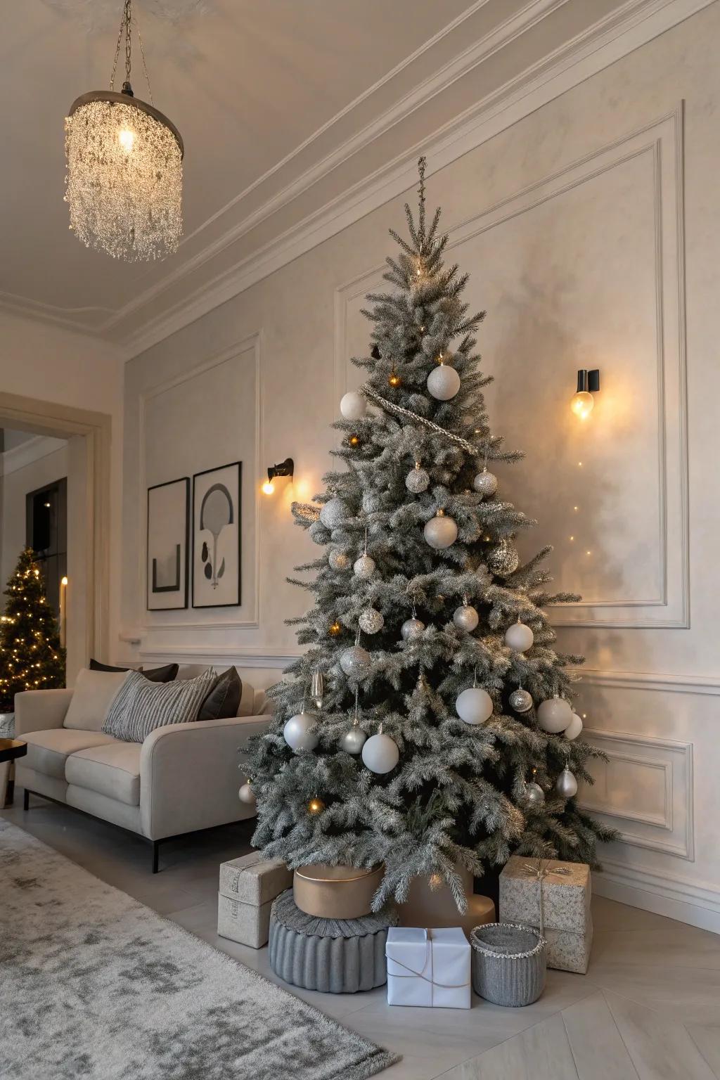 A polished and modern minimalist Christmas tree showcasing monochrome decorations.