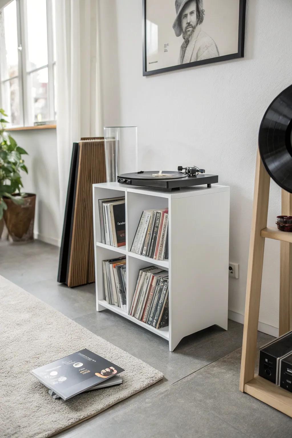 A vinyl record stand that perfectly combines functionality and elegance.