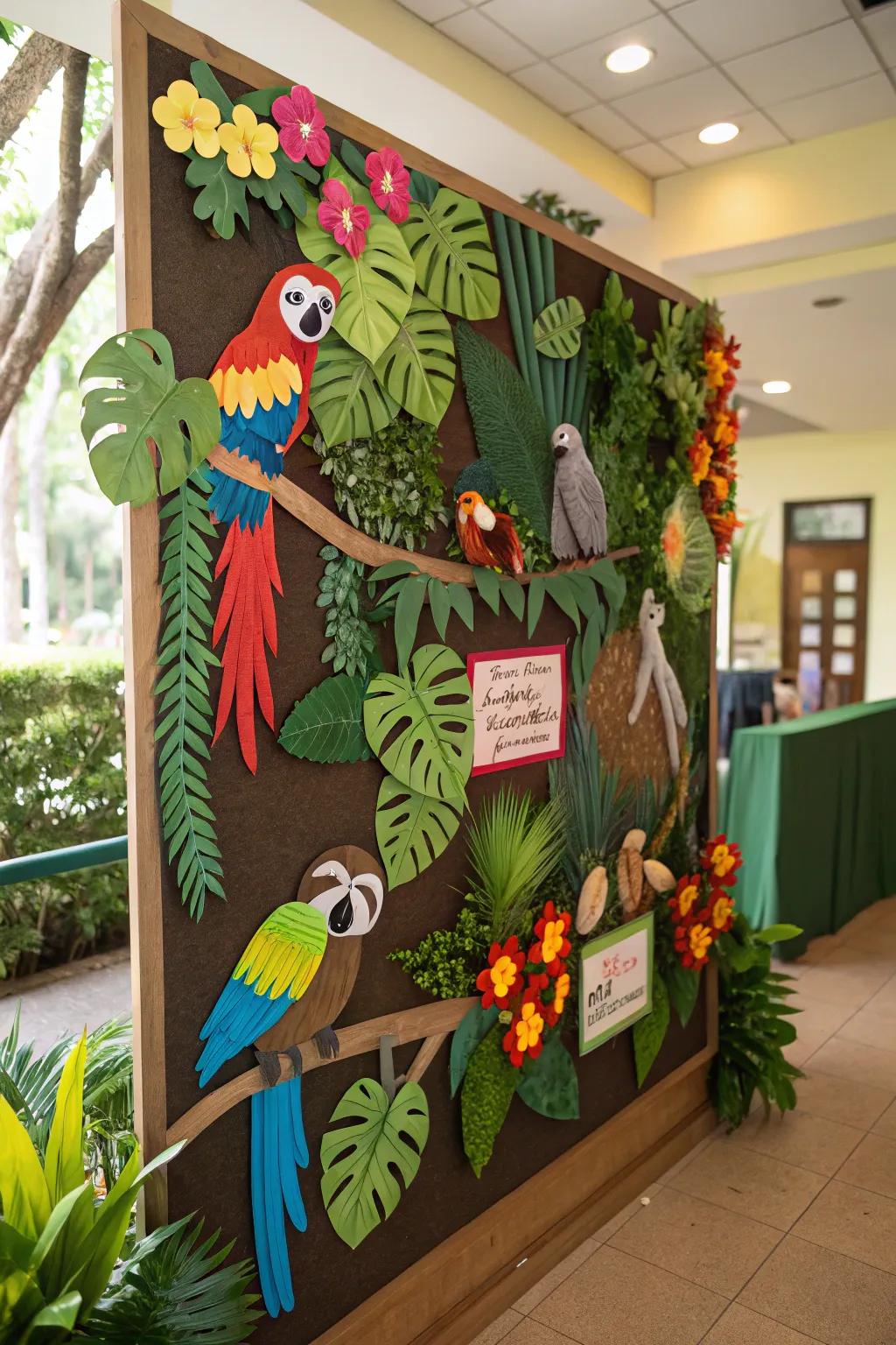 A vivid tropical forest landscape featuring unique birds and sloths.