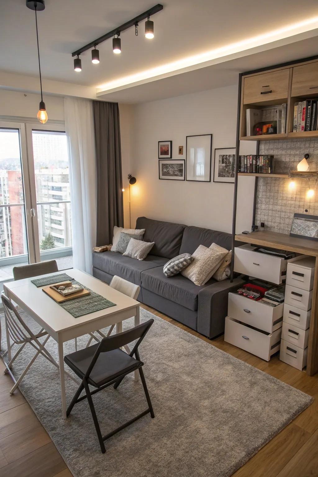 Effective utilization of area with multi-purpose furniture in a compact living space.