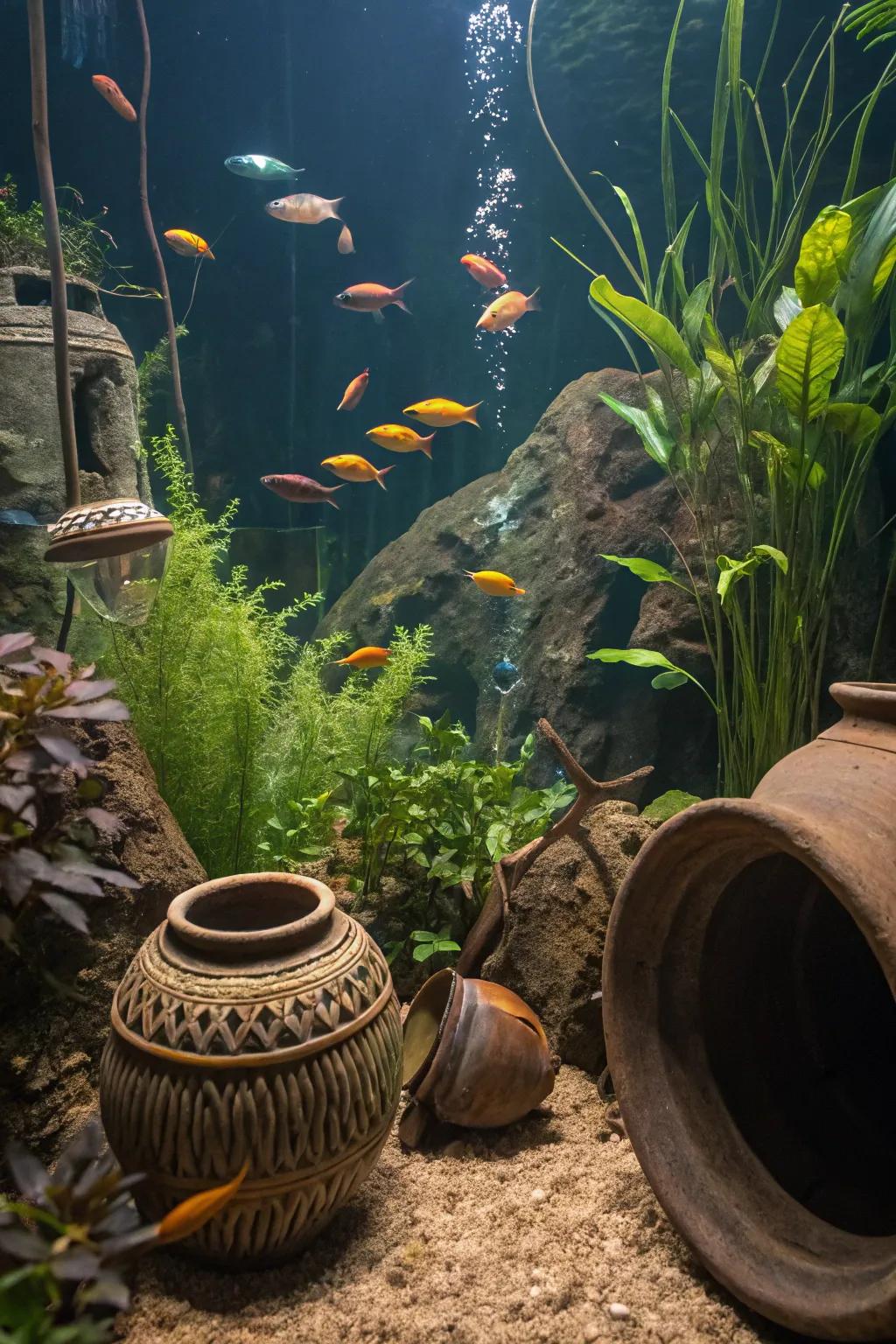 Pottery pieces add texture and interest to the aquarium.