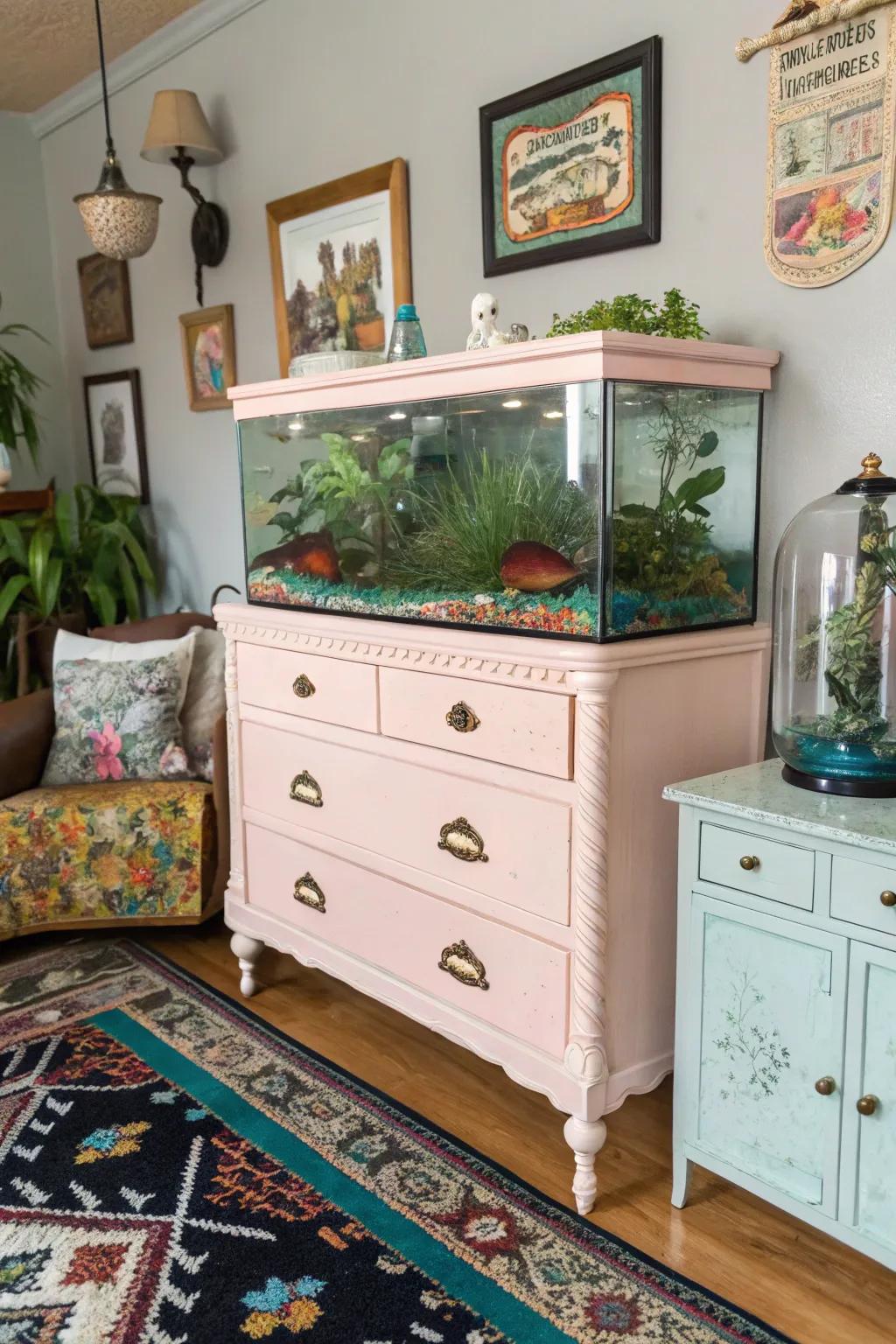 A vintage dresser is repurposed as an aquarium stand.