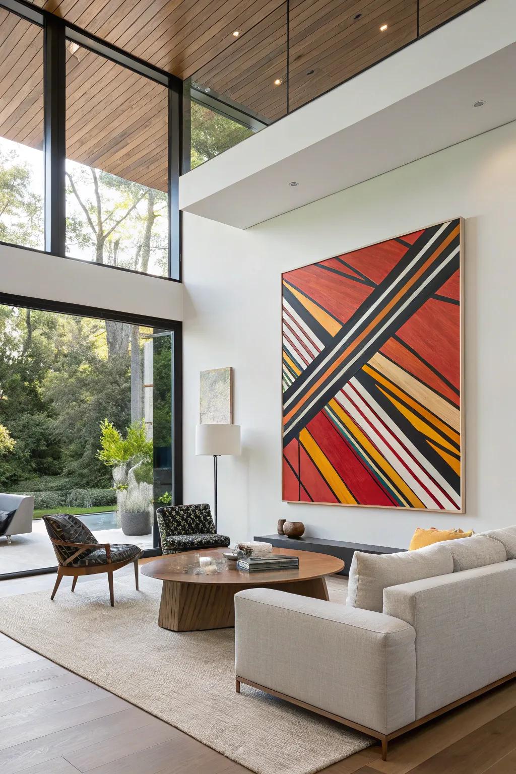 An abstract painting with oblique lines for added energy.