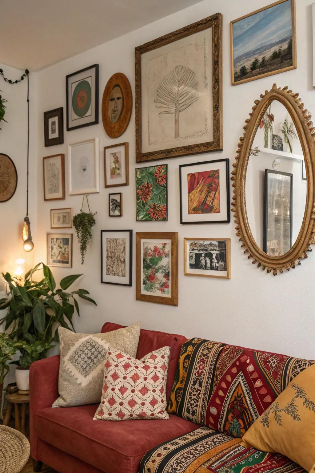 A lively art presentation featuring a mix of styles and frames.