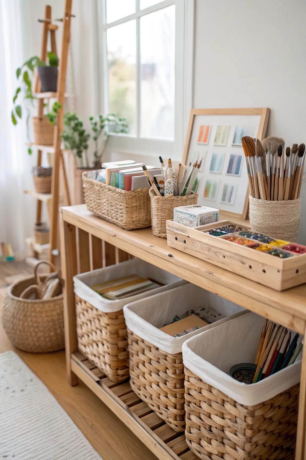 Baskets and bins provide neat storage for larger artistic tools.
