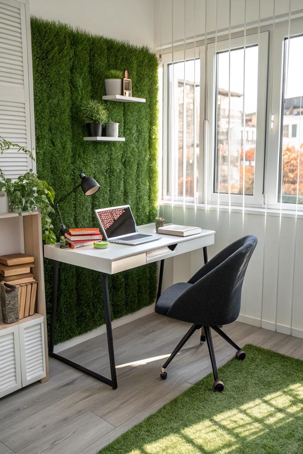 A domestic office enhanced by a simulated verdant wall, promoting focus and tranquility.