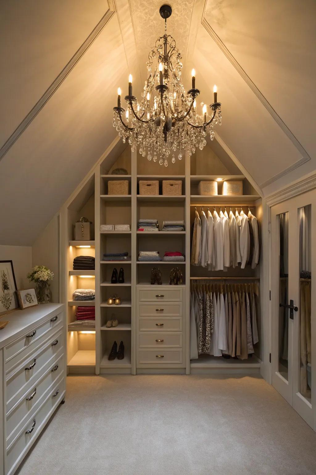 Chic lighting introduces elegance to your attic closet.