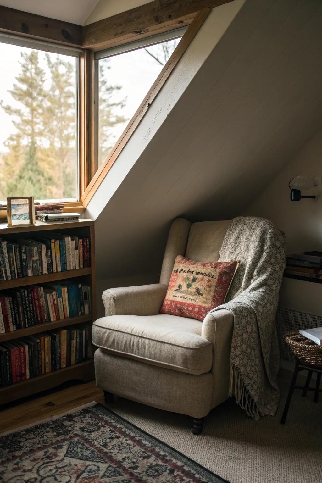 A reading space adds a comfortable nook to your attic bedroom.