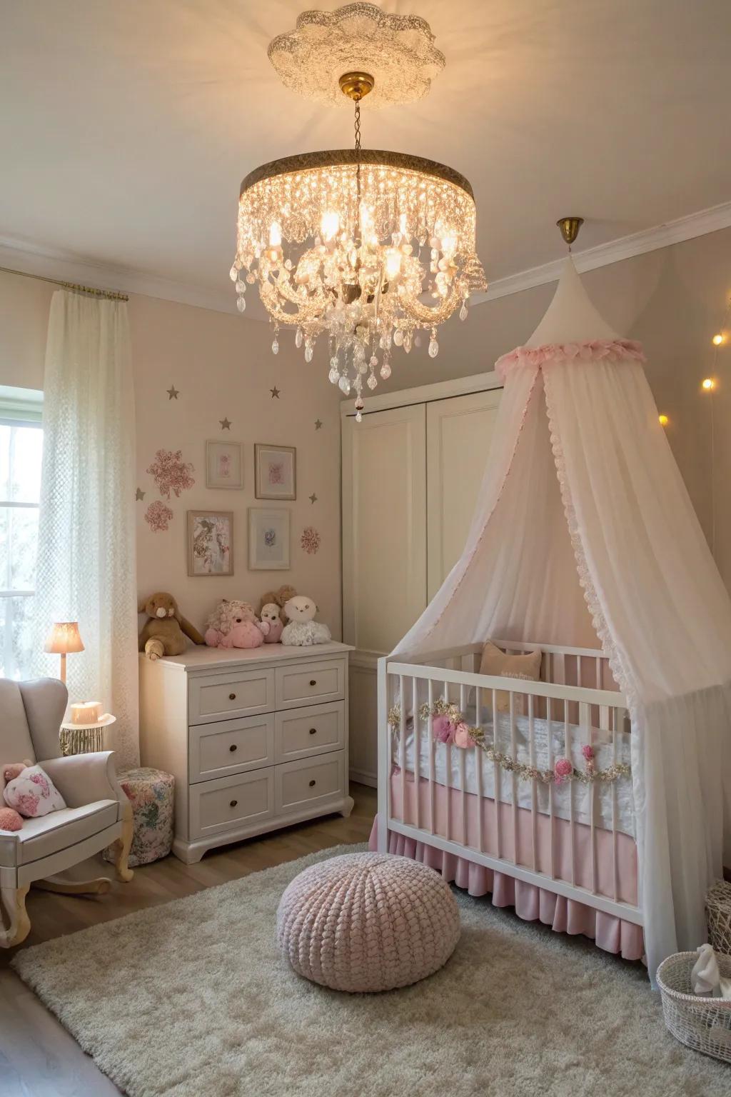 A suspended light fixture imparts elegance and warmth to the nursery.